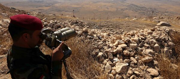 An Iraqi Kurdish Peshmerga fighter looks through binoculars on the top of Mount Zardak, about 25 kilometres east of Mosul, on October 6, 2016 - Sputnik Afrique