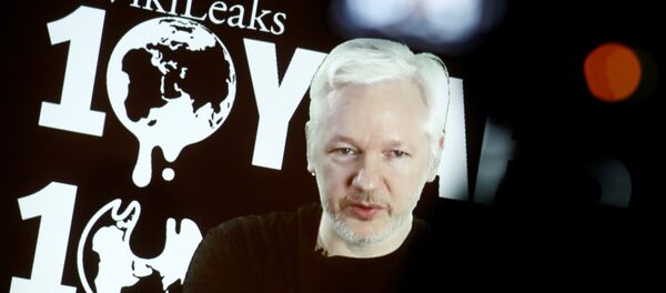 Julian Assange, Founder and Editor-in-Chief of WikiLeaks speaks via video link during a press conference on the occasion of the ten year anniversary celebration of WikiLeaks in Berlin, Germany, October 4, 2016. - Sputnik Afrique