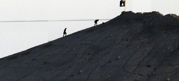 Shot with an extreme telephoto lens and through haze from the outskirts of Suruc at the Turkey-Syria border, militants with the Islamic State group are seen after placing their group's flag on a hilltop at the eastern side of the town of Kobani, Syria (File) - Sputnik Afrique
