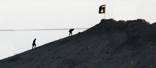 Shot with an extreme telephoto lens and through haze from the outskirts of Suruc at the Turkey-Syria border, militants with the Islamic State group are seen after placing their group's flag on a hilltop at the eastern side of the town of Kobani, Syria (File) - Sputnik Afrique
