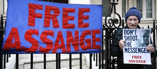 A demonstrator holds a banner outside the Ecuadorean Embassy in London, where Wikileaks founder Julian Assange is staying, Thursday, Feb. 4, 2016 - Sputnik Afrique