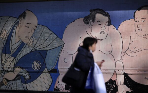 Настенные изображения сумоистов на спортивной арене Кокугикан в Токио - Sputnik Afrique