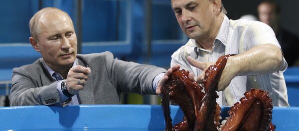 President Vladimir Putin (left) visiting the Primorye Oceanarium Research and Educational Center in the Russky Island, Vladivostok, the venue of the 2012 APEC Leaders' Week, September 6, 2012 - Sputnik Afrique