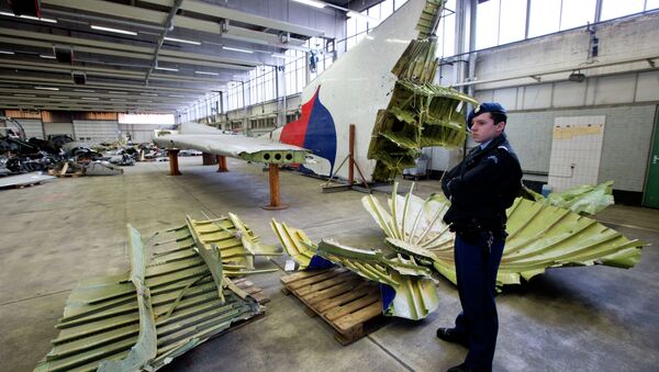 La police militaire néerlandaise à côté de fragments de l'avion du vol MH17 dans un hangar à la base aérienne de Gilze-Rijen, Pays-Bas, le 3 mars 2015 - Sputnik Afrique