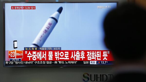 A man watches a TV news program showing a file footage of a missile launch conducted by North Korea, at the Seoul Train Station in Seoul, South Korea, Saturday, April 23, 2016 - Sputnik Afrique