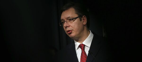 Serbian Prime Minister Aleksandar Vucic speaks during a news conference in Belgrade, Serbia, Saturday, Feb. 20, 2016 - Sputnik Afrique