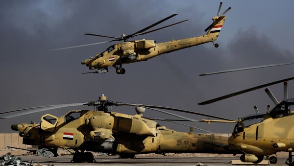An Iraqi airforce MI-28 helicopter takes off in front of MI-35 (R) and MI28 helicopters at the army base of Qaryat Jaddalat, south of the city of Mosul on November 25, 2016 - Sputnik Afrique