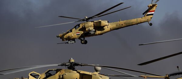 An Iraqi airforce MI-28 helicopter takes off in front of MI-35 (R) and MI28 helicopters at the army base of Qaryat Jaddalat, south of the city of Mosul on November 25, 2016 - Sputnik Afrique