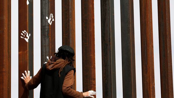 An activist paints the U.S.-Mexico border wall between Ciudad Juarez and New Mexico as a symbol of protest against U.S. President Donald Trump's new immigration reform in Ciudad Juarez, Mexico February 26, 2017. - Sputnik Afrique