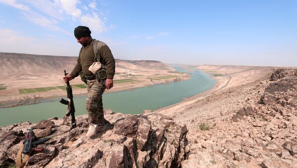 Un combattant des Forces démocratiques syriennes (FDS) pose pour une photo près de la rivière Euphrates, au nord de la ville de Raqqa, Syrie le 8 mars 2017 - Sputnik Afrique