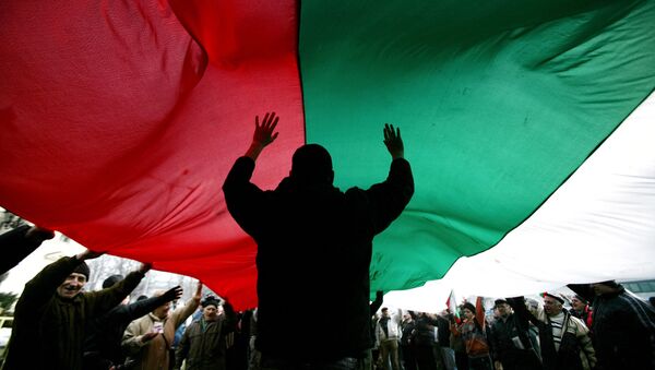 Protestors hold up the Bulgarian flag, outside the Bulgarian parliament in Sofia on January 15, 2009. - Sputnik Afrique