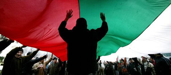 Protestors hold up the Bulgarian flag, outside the Bulgarian parliament in Sofia on January 15, 2009. - Sputnik Afrique