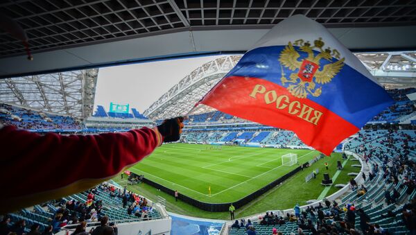 Флаг России на трибуне стадиона Фишт перед началом товарищеского матча между сборными России и Бельгии - Sputnik Afrique