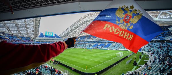 Флаг России на трибуне стадиона Фишт перед началом товарищеского матча между сборными России и Бельгии - Sputnik Afrique