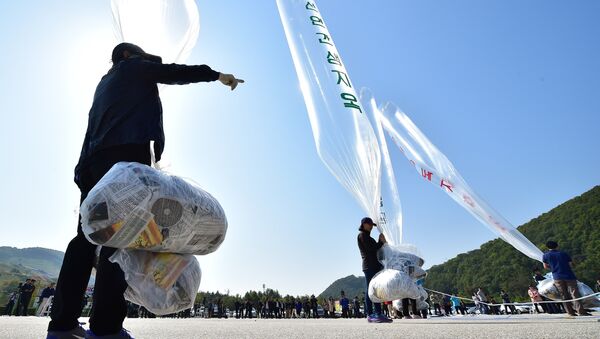 South Korean activists prepare to release balloons carrying anti-North Korea leaflets at a park near the inter-Korea border in Paju, north of Seoul, on October 10, 2014 - Sputnik Afrique