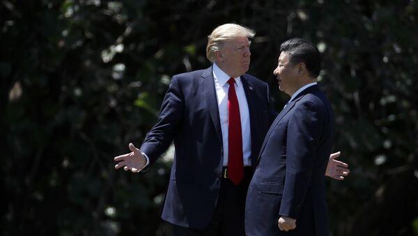 President Donald Trump gestures as he and Chinese President Xi Jinping walk together after their meetings at Mar-a-Lago in Palm Beach, Fla - Sputnik Afrique