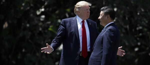 President Donald Trump gestures as he and Chinese President Xi Jinping walk together after their meetings at Mar-a-Lago in Palm Beach, Fla President Donald Trump gestures as he and Chinese President Xi Jinping walk together after their meetings at Mar-a-Lago in Palm Beach, Fla - Sputnik Afrique