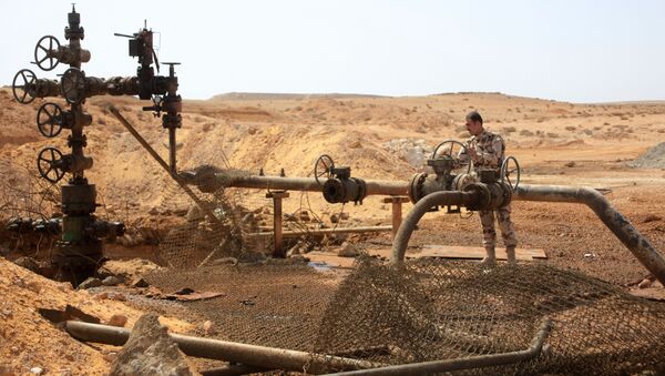 A member of the Syrian government forces stands next to a well at Jazel oil field, near the ancient city of Palmyra in the east of Homs province after they retook the area from Islamic State (IS) group fighters on March 9, 2015. - Sputnik Afrique