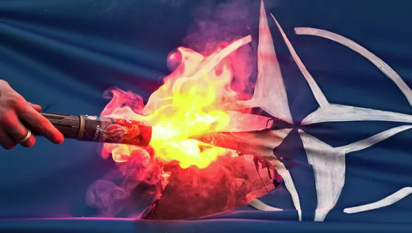 A member of the banned National-Bolshevik Party sets on fire a flag bearing the North Atlantic Treaty Organization (NATO) logo during a protest on April 5, 2010 - Sputnik Afrique