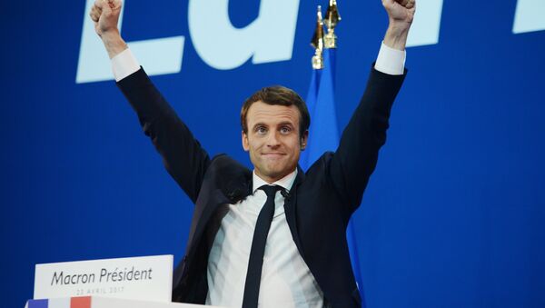 Emmanuel Macron, French presidential candidate and leader of the movement En Marche!, during a news conference following the first round of the election. - Sputnik Afrique