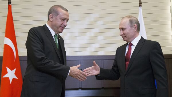 Russian President Vladimir Putin, right, and his Turkish counterpart Recep Tayyip Erdogan shake hands prior to their talks in Putin's residence in the Russian Black Sea resort of Sochi, Russia, Wednesday, May 3, 2017 - Sputnik Afrique