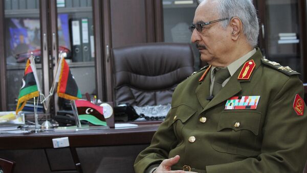 In this March 18, 2015 file photo, Gen. Khalifa Haftar speaks during an interview with The Associated Press in al-Marj, Libya.  - Sputnik Afrique