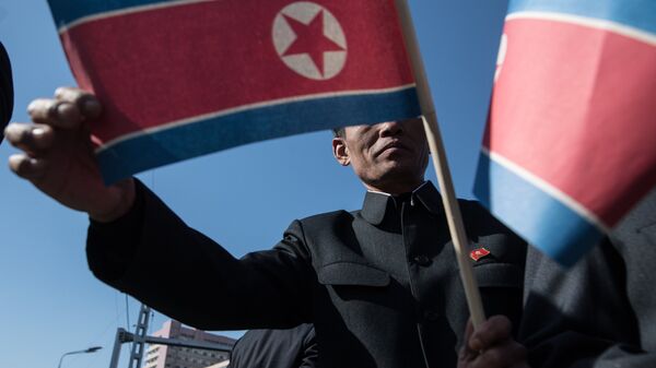 The man holds flag of the Democratic People's Republic of Koreain in Pyongyang. (File) - Sputnik Afrique