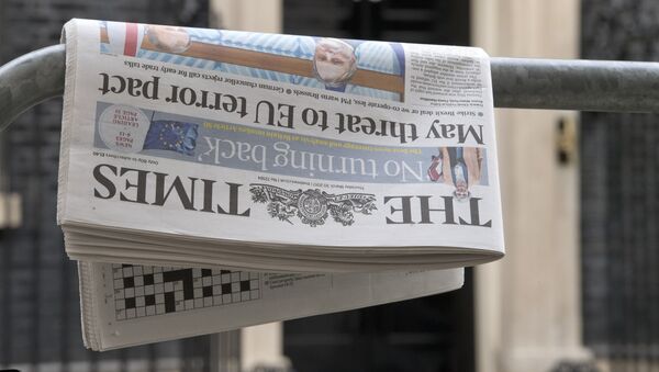A copy of the March 30 edition of The Times newspaper with the headline May threat to EU terror pact is pictured outside 10 Downing Street in central London on March 30, 2017 - Sputnik Afrique