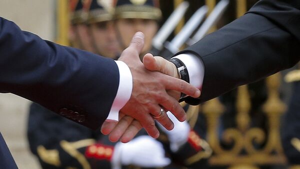 French President Emmanuel Macron (L) shakes hands with Russian President Vladimir Putin during a meeting at the Chateau de Versailles near Paris, France, May 29, 2017. - Sputnik Afrique