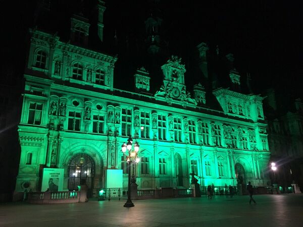 La façade de l'Hôtel de Ville de Paris éclairée en vert La façade de l'Hôtel de Ville de Paris éclairée en vert - Sputnik Afrique