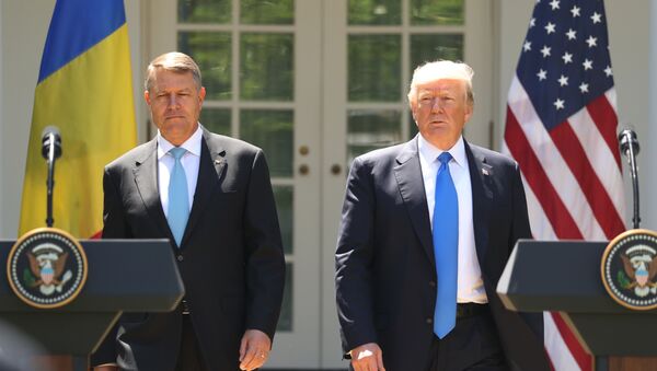 Le président Donald Trump, accompagné par le président roumain Klaus Werner Iohannis, à la tribune pour entamer une conférence de presse au Rose Garden à la Maison Blanche, le vendredi 9 juin 2017 à Washington. - Sputnik Afrique