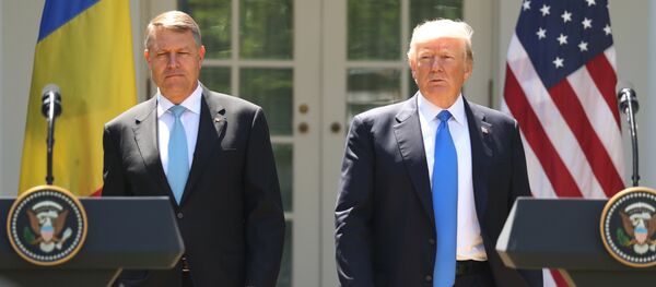 Le président Donald Trump, accompagné par le président roumain Klaus Werner Iohannis, à la tribune pour entamer une conférence de presse au Rose Garden à la Maison Blanche, le vendredi 9 juin 2017 à Washington. - Sputnik Afrique