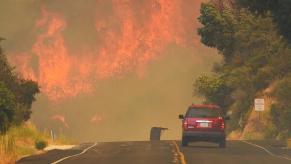 A Santa Barbara City Fire vehicle drives on Highway 154 towards flames from the Whittier Fire east of Cachuma Lake near Santa Barbara, California, U.S. in this July 8, 2017 - Sputnik Afrique
