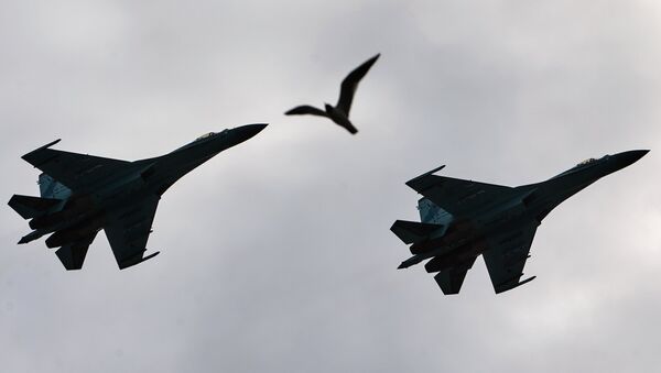Su-27 Flanker fighters fly over Palace Square in during a rehearsal of the Victory Parade in St. Petersburg - Sputnik Afrique