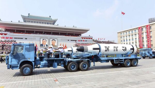 In this Saturday, April 15, 2017, photo distributed by the North Korean government, Polaris submarine launched ballistic missiles (SLBM) are paraded to celebrate the 105th birth anniversary of Kim Il Sung, the country's late founder, in Pyongyang, North Korea. - Sputnik Afrique