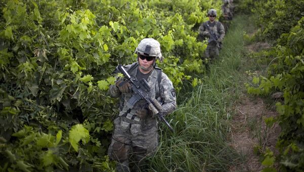 U.S. Army soldiers from the 1-320th Alpha Battery, 2nd Brigade of the 101st Airborne Division, walk among grape orchards during a patrol towards COP Nolen, in the volatile Arghandab Valley, Kandahar, Afghanistan, Tuesday, July 20, 2010 - Sputnik Afrique