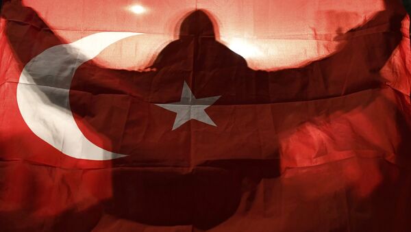 Ein Demonstrant hält eine türkische Flagge vor dem türkischen Konsulat in Rotterdam (Niederlande). - Sputnik Afrique