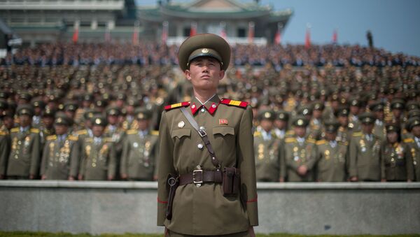 Солдат Корейской Народной армии во время военного парада, посвященного 105-летию Ким Ир Сена в Пхеньяне - Sputnik Afrique