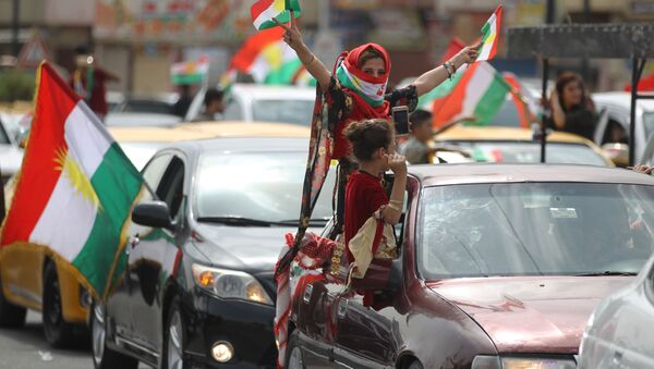 Девушка с курдским флагом на лице на улице города Киркук в Ираке во время референдума - Sputnik Afrique