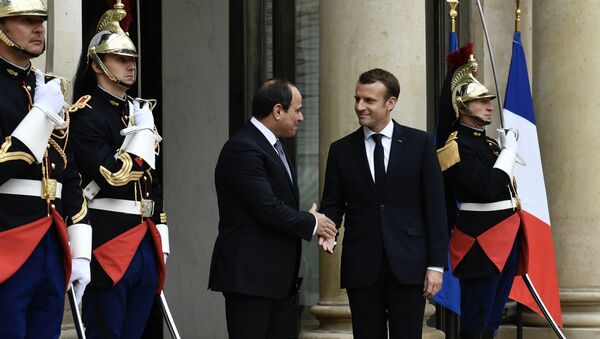 French President Emmanuel Macron (R) shakes hands with Egypt's President Abdel Fattah al-Sisi (L) as he welcomes him upon his arrival ahead of talks at the Elysee Palace in Paris, on October 24, 2017. - Sputnik Afrique