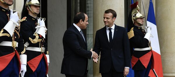 French President Emmanuel Macron (R) shakes hands with Egypt's President Abdel Fattah al-Sisi (L) as he welcomes him upon his arrival ahead of talks at the Elysee Palace in Paris, on October 24, 2017. - Sputnik Afrique