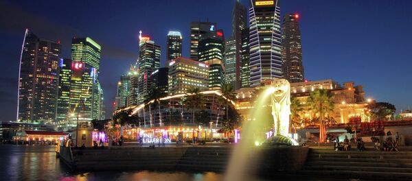 Символ города - Мерлион (лев с хвостом русалки) на набережной Эспланада в Сингапуре. - Sputnik Afrique