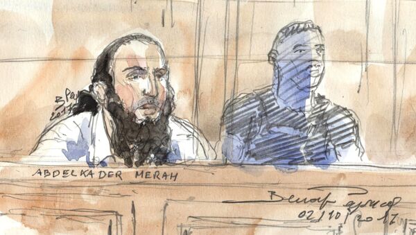 (FILES) This file court sketch made on October 2, 2017 Abdelkader Merah in Paris courthouse during his trial for complicity in the series of shootings commited by his jihadist brother Mohamed in Toulouse and Montauban in 2012. - Sputnik Afrique
