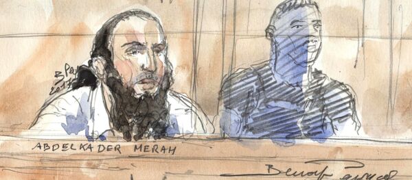 (FILES) This file court sketch made on October 2, 2017 Abdelkader Merah in Paris courthouse during his trial for complicity in the series of shootings commited by his jihadist brother Mohamed in Toulouse and Montauban in 2012. - Sputnik Afrique