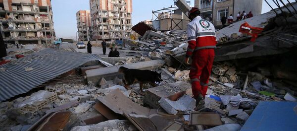 In this photo provided by the Iranian Students News Agency, ISNA, a rescue worker searches debris for survivors with his sniffing dog after an earthquake at the city of Sarpol-e-Zahab in western Iran, Monday, Nov. 13, 2017 - Sputnik Afrique