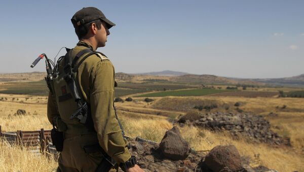 A Israeli soldier patrols near the border with Syria after projectiles fired from the war-torn country hit the Israeli occupied Golan Heights on June 24, 2017 - Sputnik Afrique