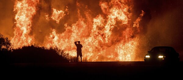 A motorists on Highway 101 watches flames from the Thomas fire leap above the roadway north of Ventura, Calif., on Wednesday, Dec. 6, 2017. - Sputnik Afrique