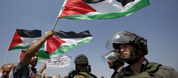 A Palestinian protester holds a Palestinian flag as he stands in front of Israeli border policemen during a protest against Jewish settlements in the West Bank village of Nabi Saleh, near Ramallah September 4, 2015. - Sputnik Afrique