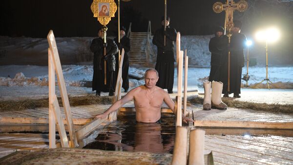 Poutine se baigne dans le lac Seliger à l’occasion de la Théophanie - Sputnik Afrique