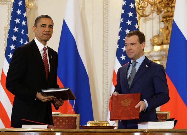 Le New START a été signé par Barack Obama et Dmitri Medvedev en 2010, à Prague Le New START a été signé par Barack Obama et Dmitri Medvedev en 2010, à Prague - Sputnik Afrique
